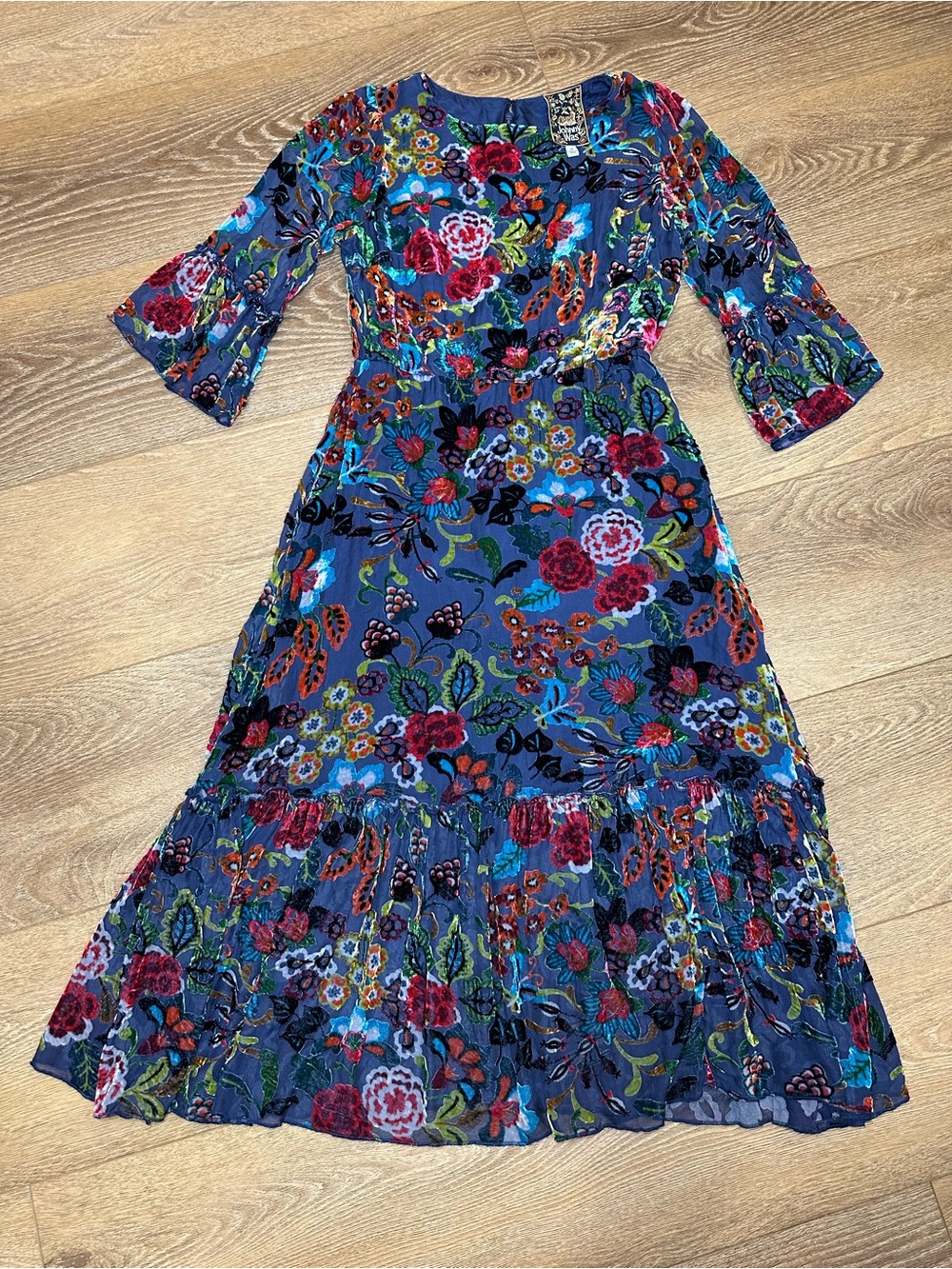 Johnny Was Minto Burnout Tanya Velvet Floral Tiered Midi Dress sz XS